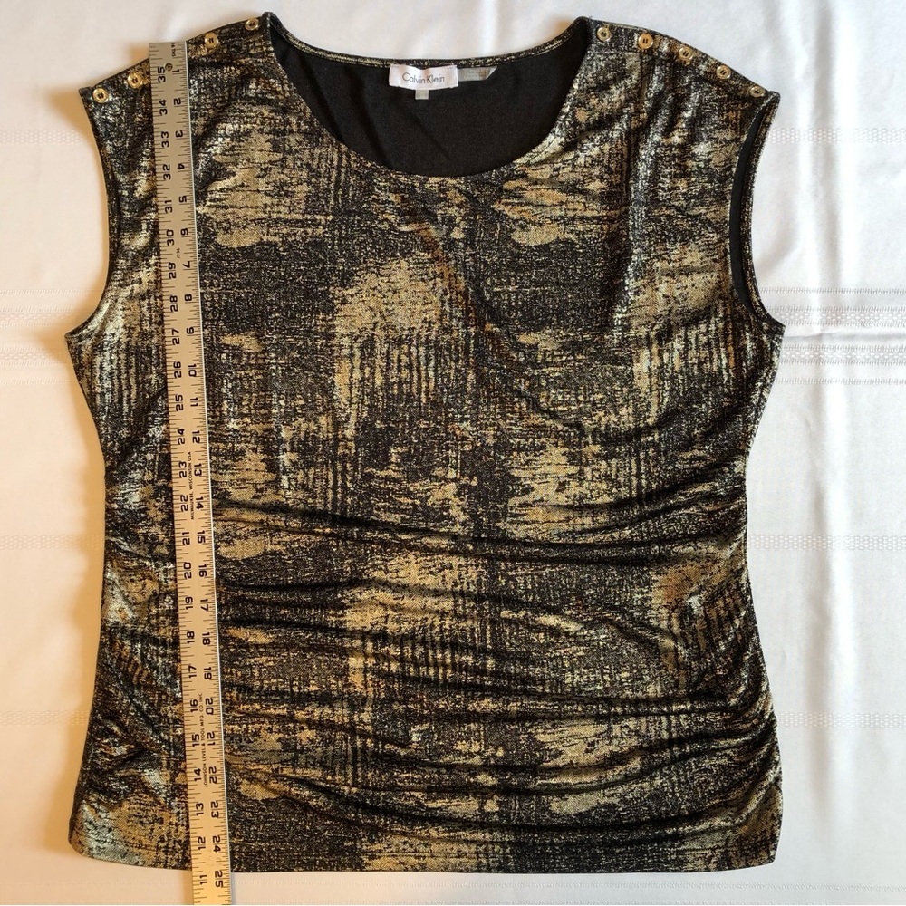 Calvin Klein Gold & Black Graphic Cap Sleeve Blouse with Side Ruche Size XL - Picture 6 of 9